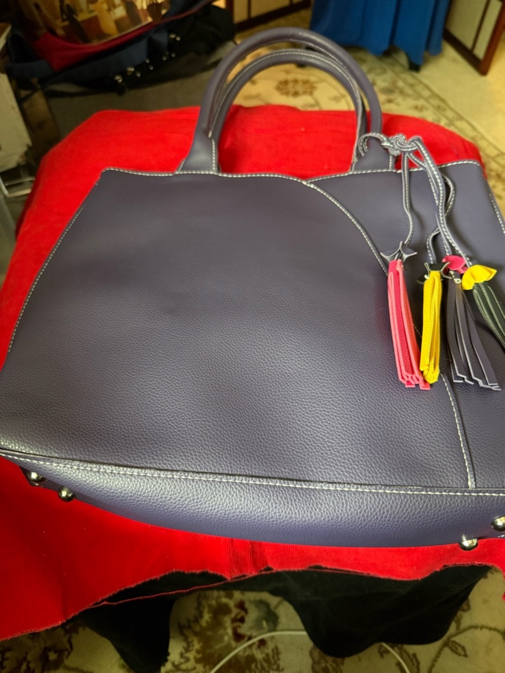 Structured Purple Pebbled Tote with Multi-Color Tassel Charm